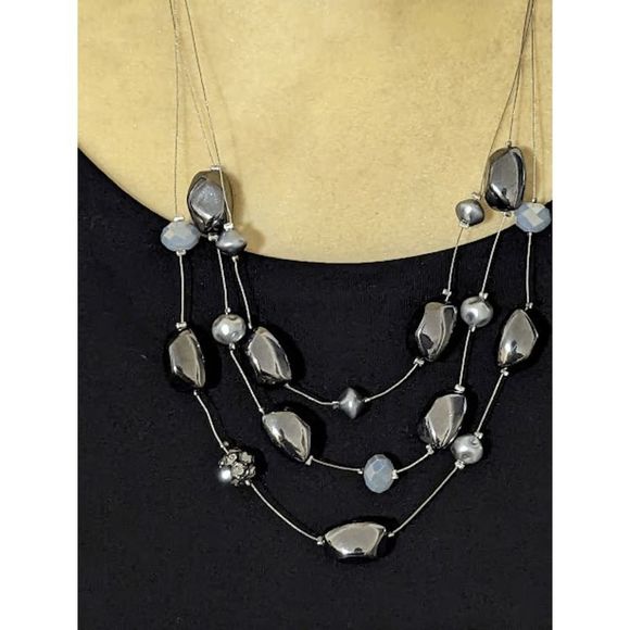 Chico's smoky gray white delicate 3 strand necklace 22" - Picture 1 of 4